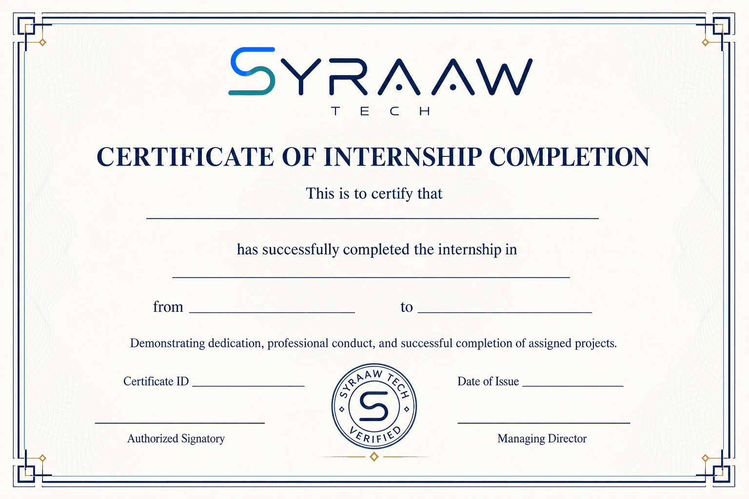 Blank Syraaw Tech Certificate of Internship Completion template